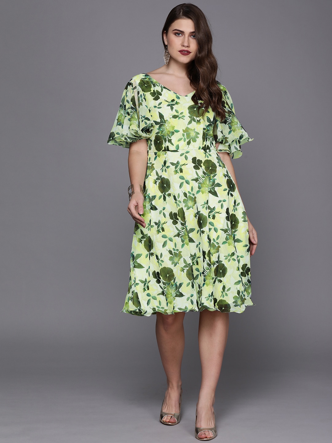 EthnoVogue Women Green & Yellow Floral Printed Made To Measure Fit and Flare Dress Price in India