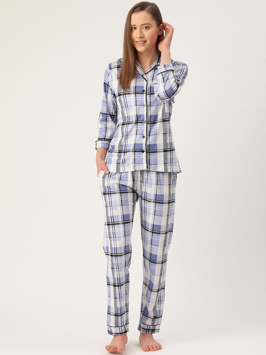 Nite Flite Women Blue & White Checked Night Suit Price in India