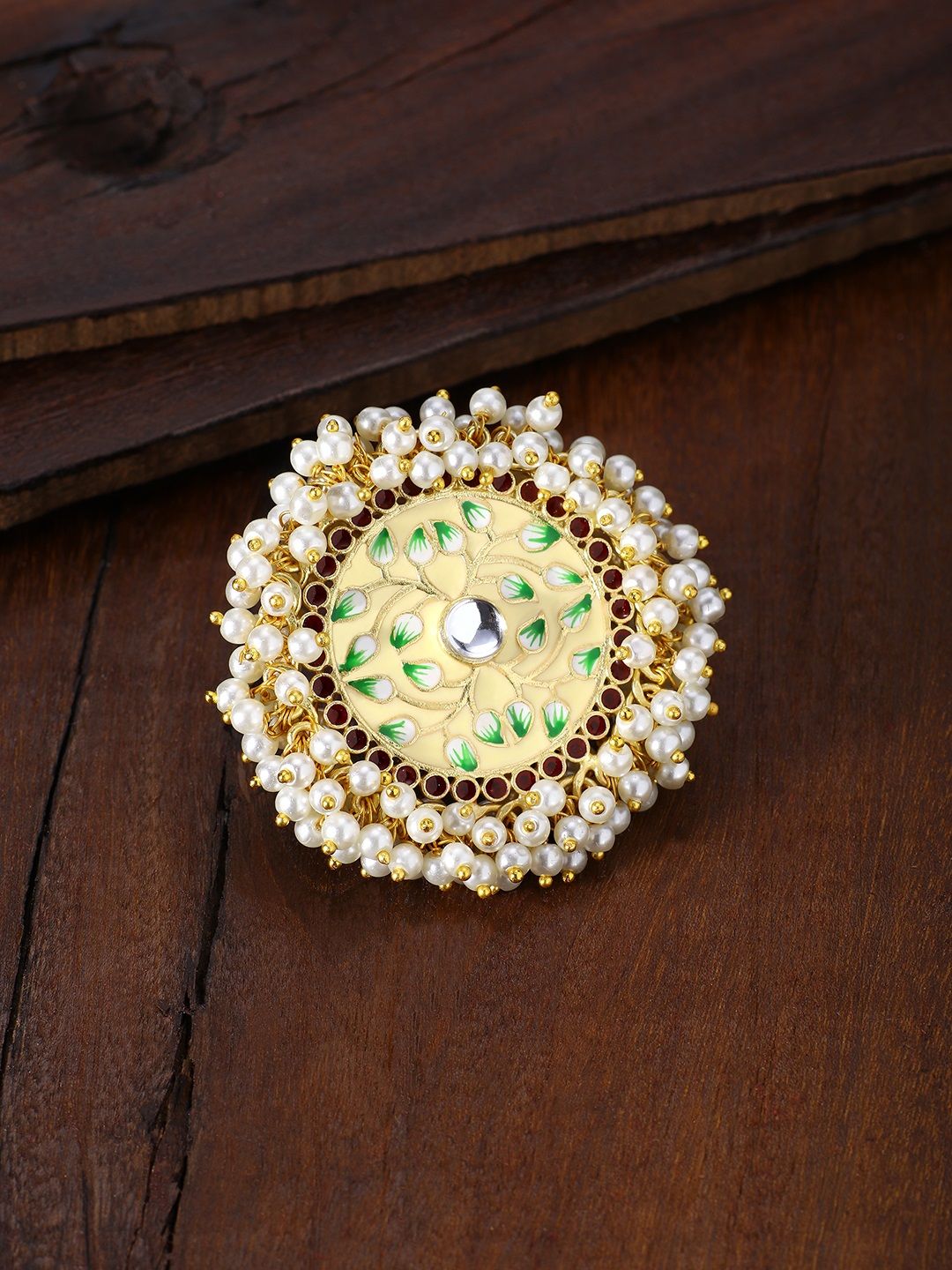 Peora Women Gold-Plated & Cream Coloured Jaipur Collection Enamel Meenakari Finger Ring Price in India