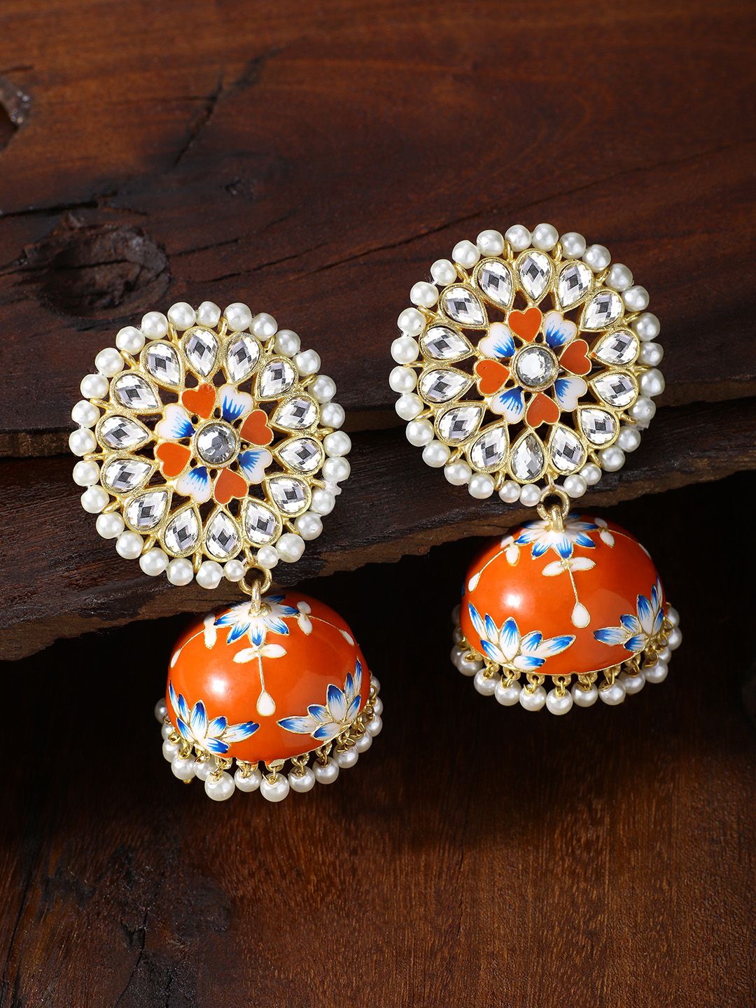 Peora Gold-plated Orange & Blue Handcrafted Meenakari Dome Shaped Jhumkas Price in India