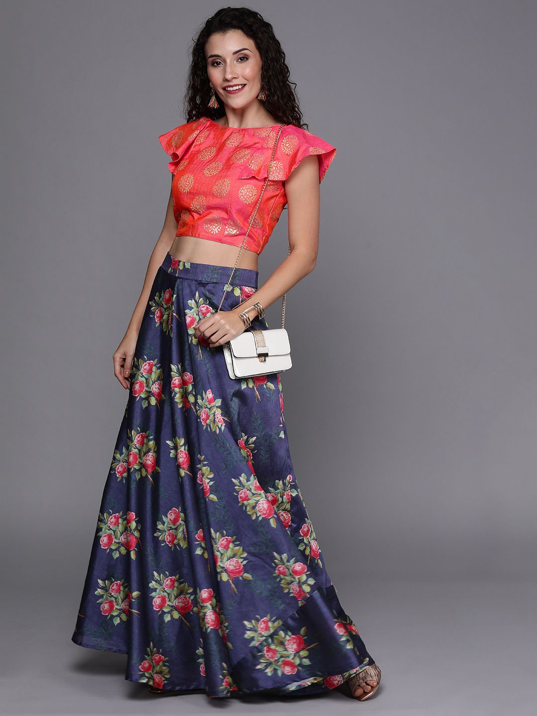 EthnoVogue Coral Pink & Navy Blue Printed Made to Measure Lehenga with Blouse