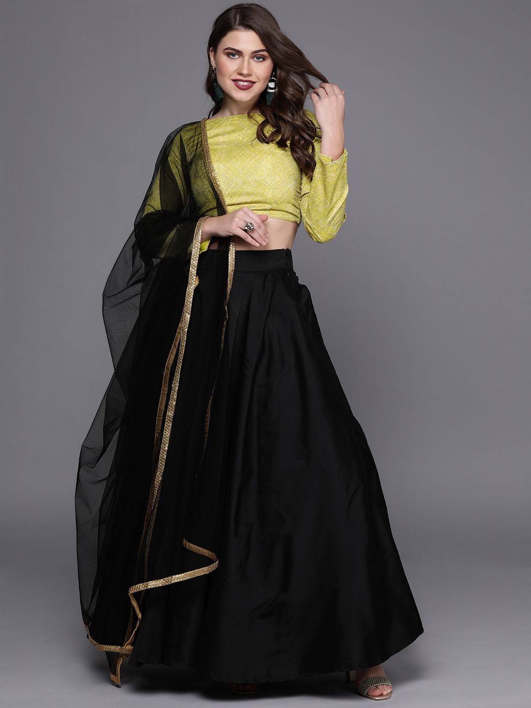 EthnoVogue Green & Black Made to Measure Lehenga with Blouse & Dupatta Price in India