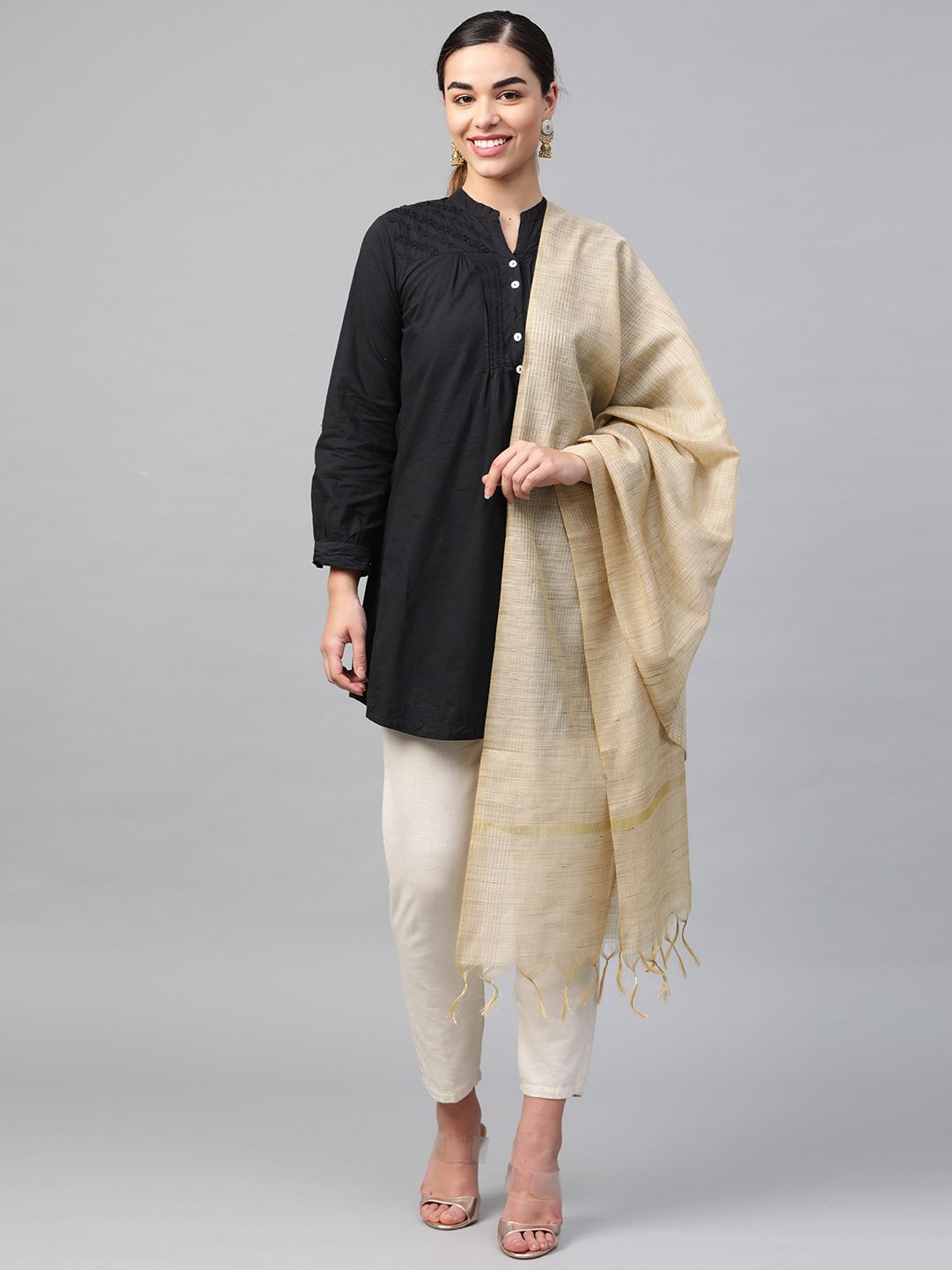 swatika Beige Bhagalpuri Handloom Self-Checked Dupatta