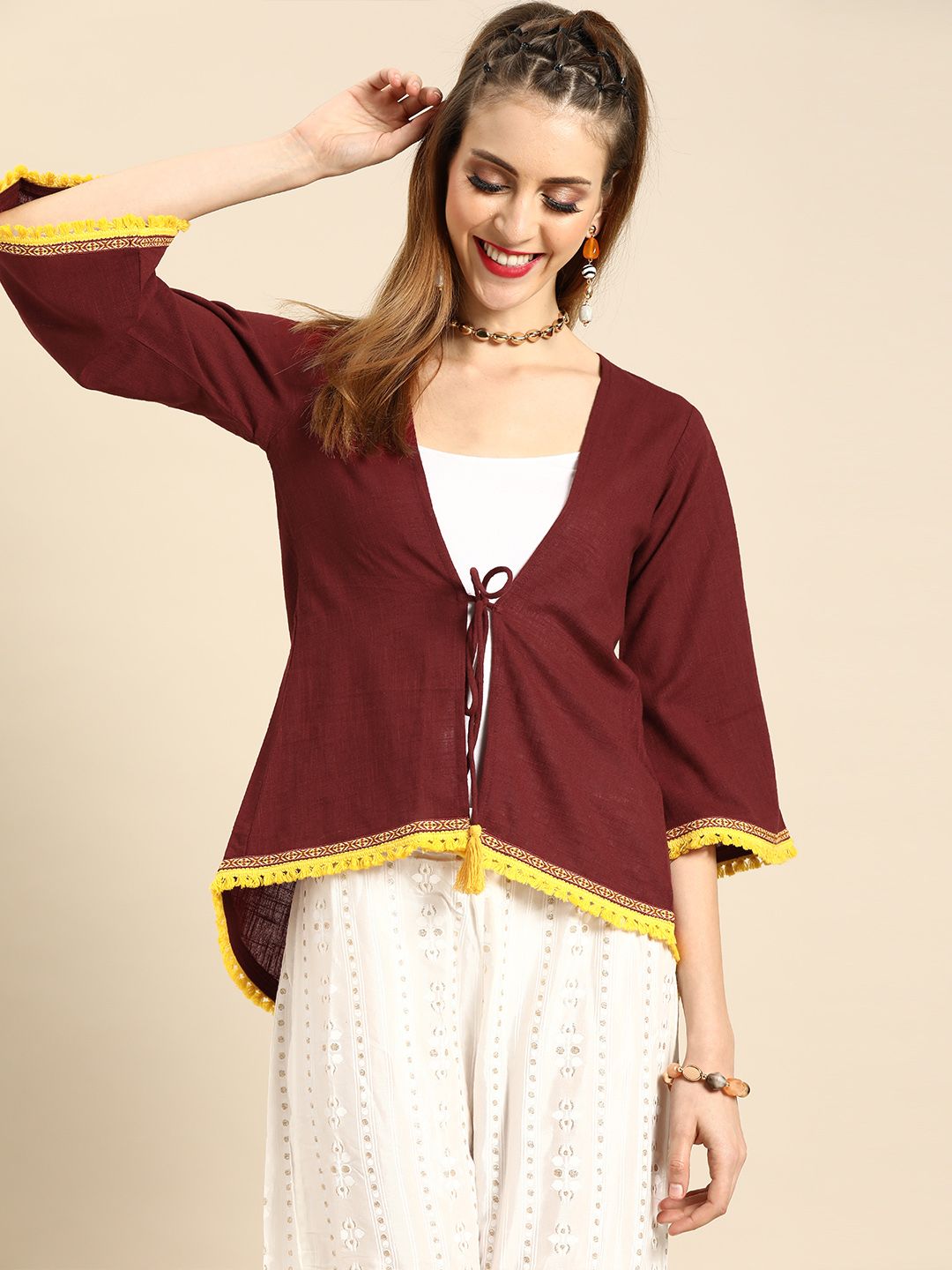 Nayo Women Maroon Solid Tie-Up Shrug With Tassel Detail Price in India
