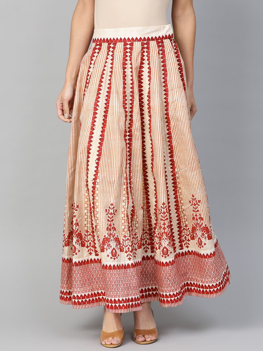 W Women Cream-Coloured & Maroon Printed Maxi A-Line Skirt