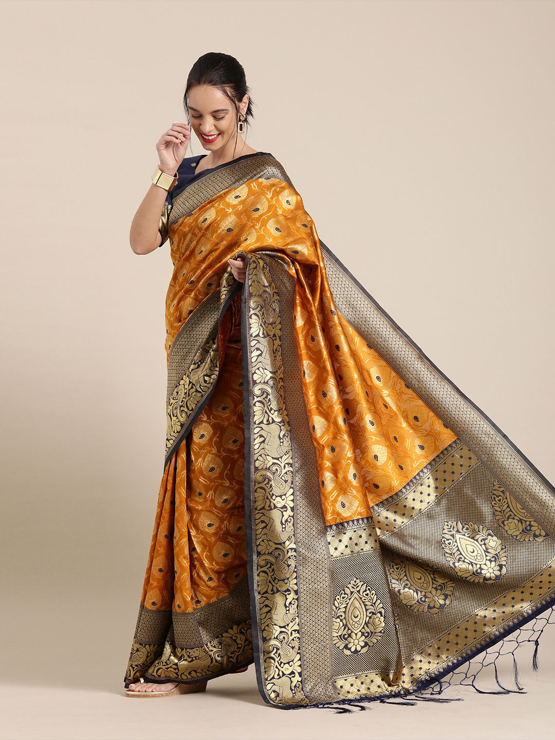 Mitera Mustard Yellow & Navy Blue Silk Blend Woven Design Banarasi Saree Price in India