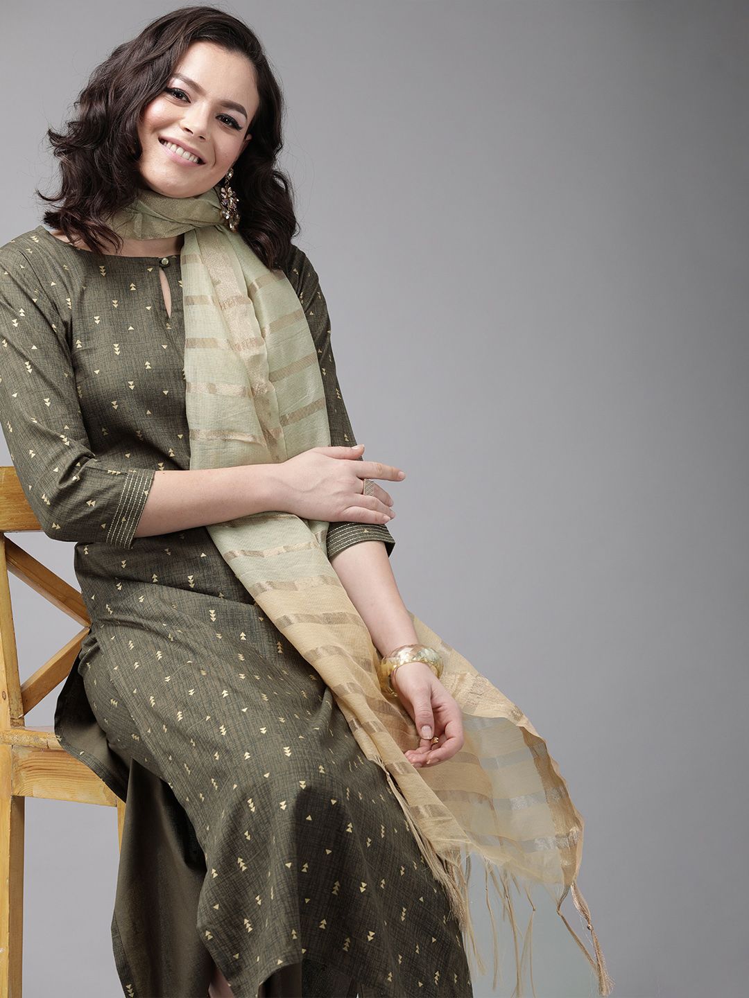 Indo Era Women Olive Green & Gold-Toned Solid Kurta with Palazzos & Dupatta