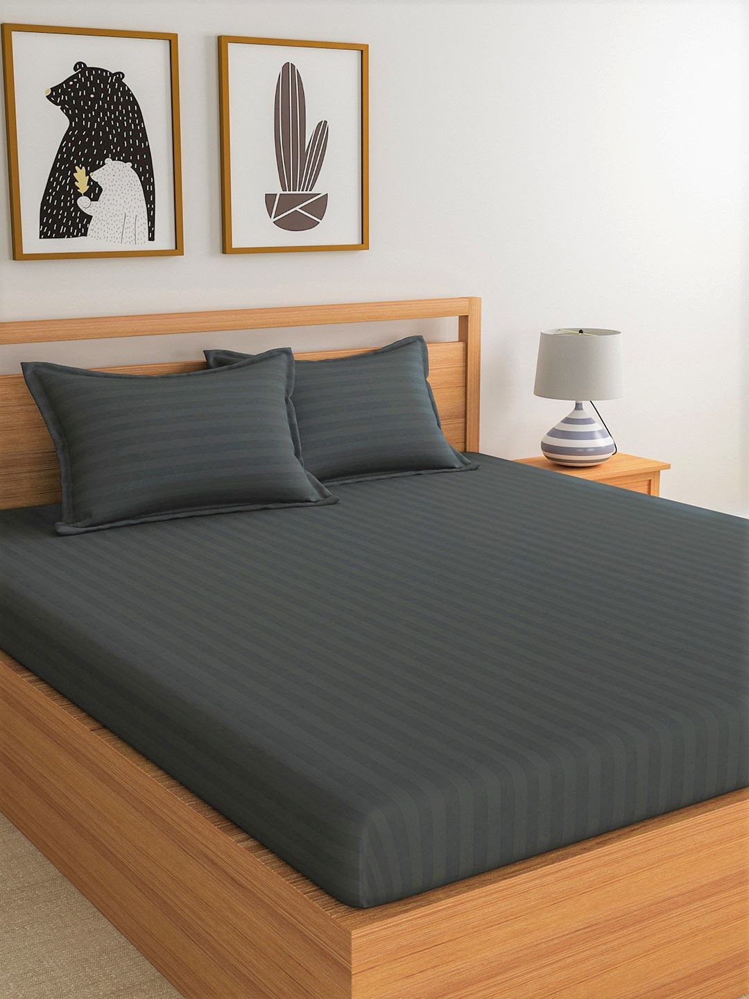 URBAN SPACE Charcoal Grey Striped 210 TC Cotton 1 King Bedsheet with 2 Pillow Covers Price in India