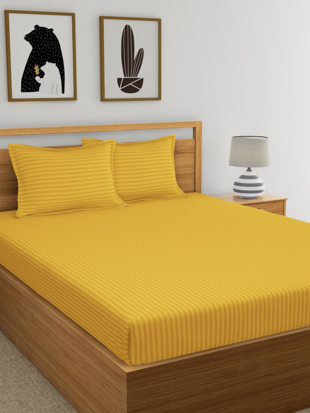 URBAN SPACE Mustard Yellow Striped 210 TC Cotton 1 King Bedsheet with 2 Pillow Covers Price in India