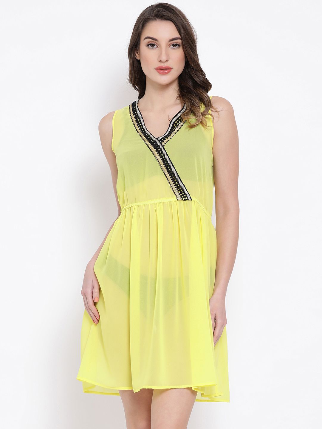 Oxolloxo Women Beachwear Yellow Solid Sheer Cover-Up Dress Price in India