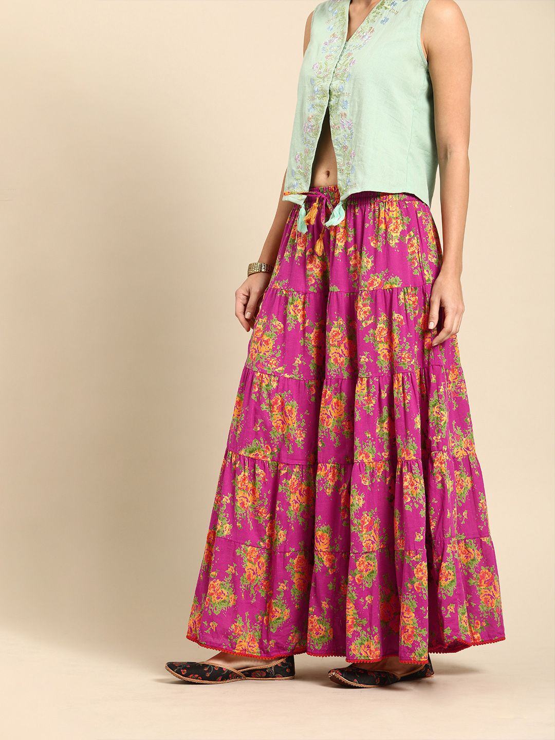 Varanga Women Pink & Mustard-Yellow Printed Tiered Skirt With Lace Detailing