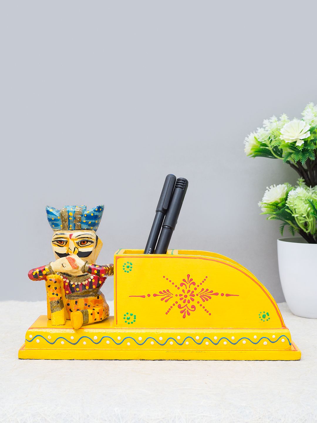 Golden Peacock Yellow & Red Painted Handcrafted Wooden Musician Pen Stand Price in India