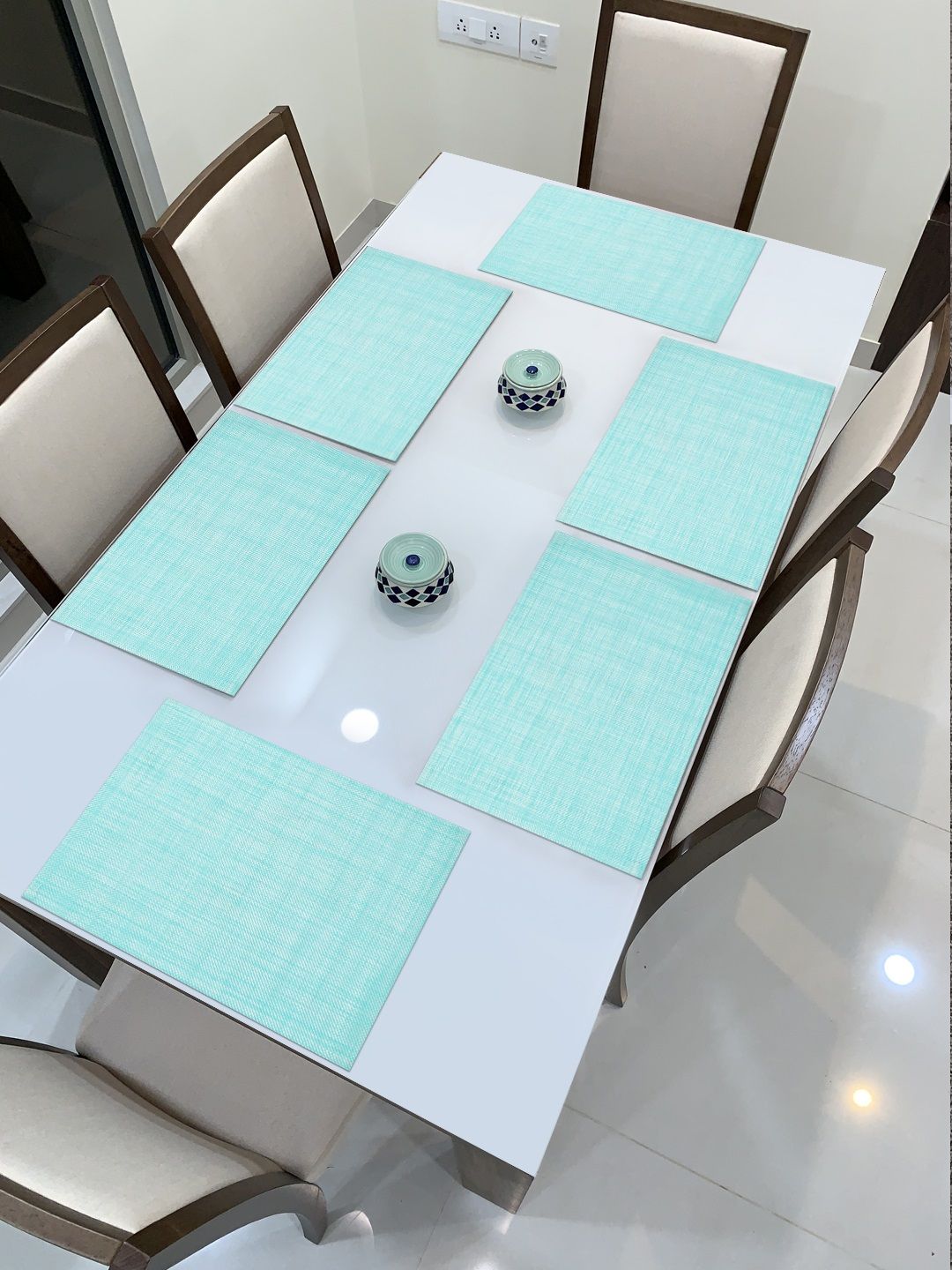 HOKIPO Set of 6 Turquoise Blue & White Solid Washable Table Placemats Price in India