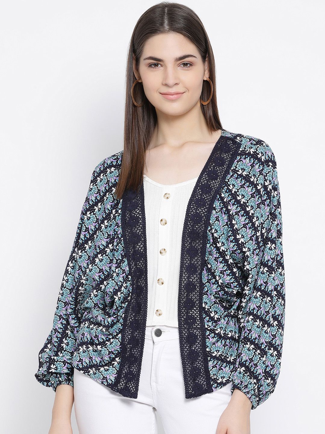 Oxolloxo Women Blue Printed Open Front Shrug Price in India