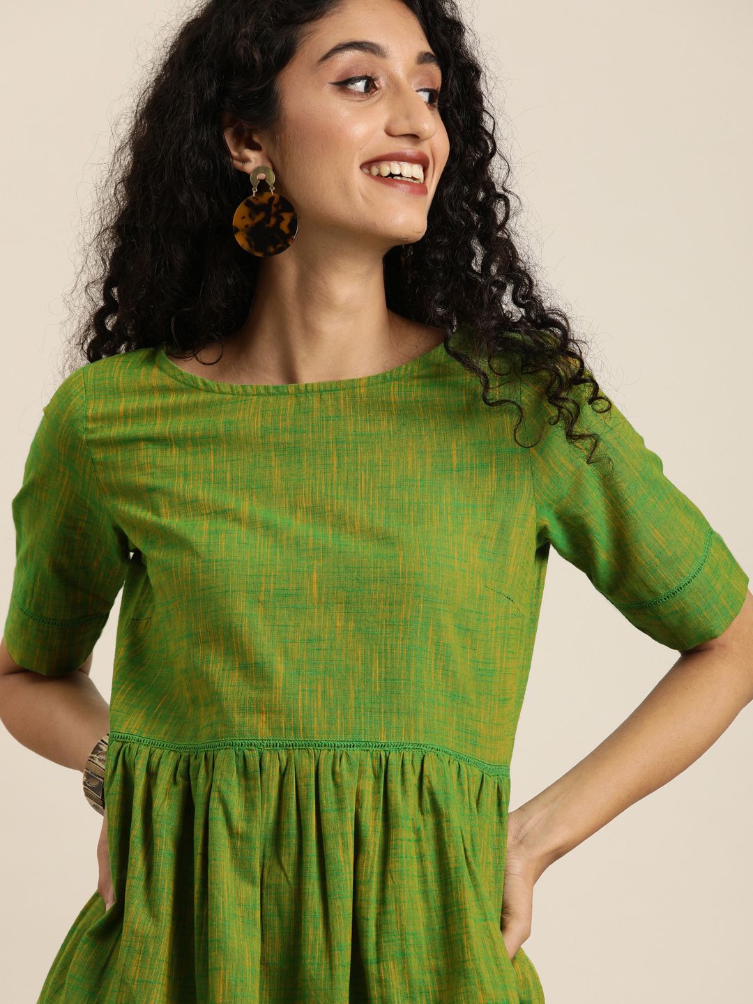 Taavi Women Green & Yellow Self Design Woven Legacy Fit & Flare Sustainable Dress with Pockets