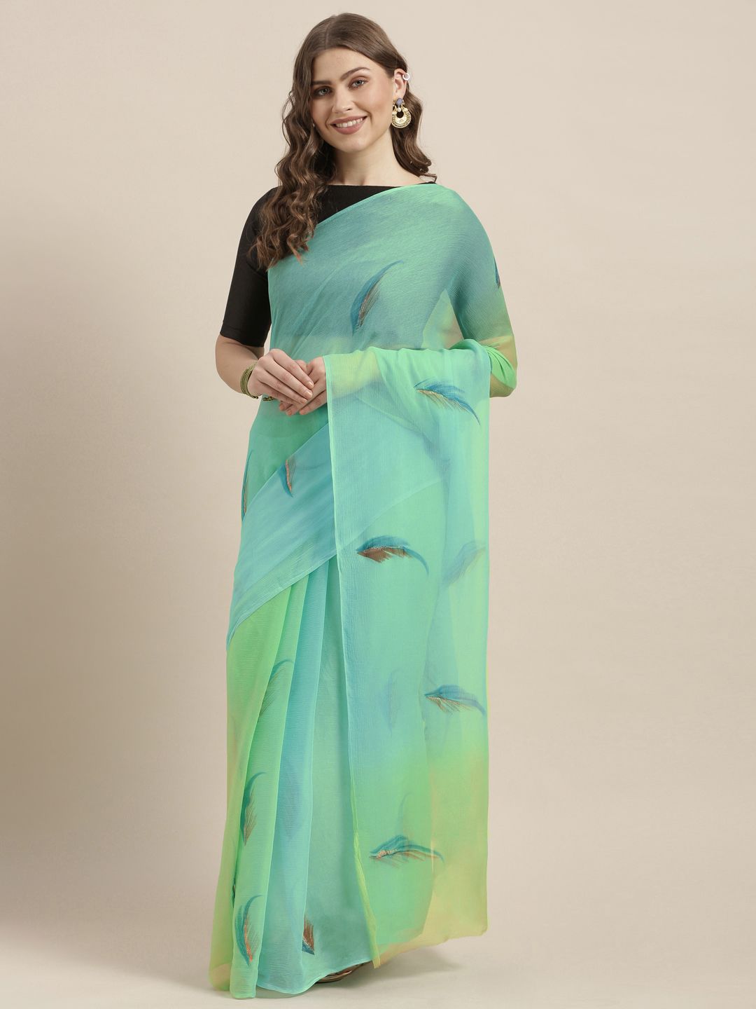 Geroo Jaipur Sea Green & Blue Hand Painted Chiffon Saree Price in India