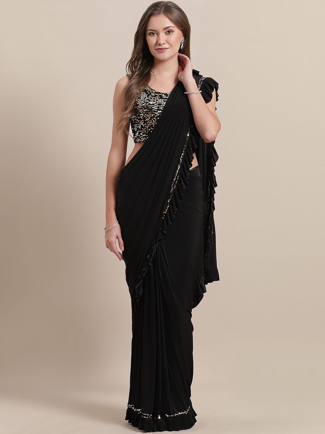 Mitera Black Solid Ready To Wear Ruffle Saree