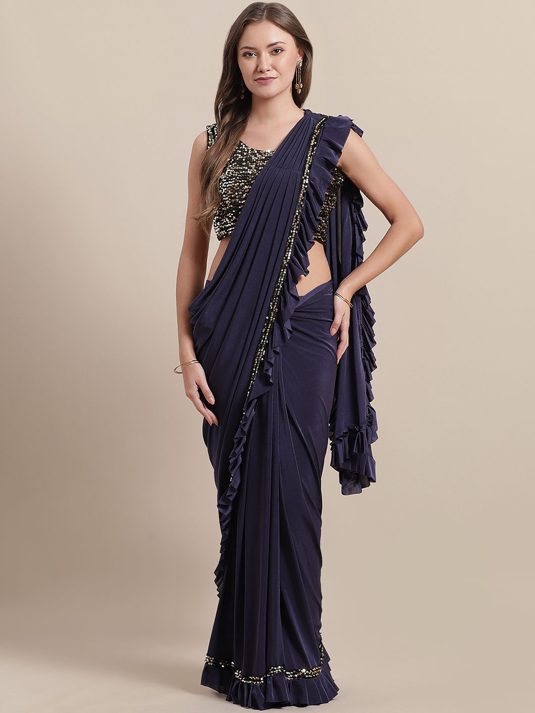 Mitera Navy Blue Solid Ready To Wear Ruffle Saree Price in India