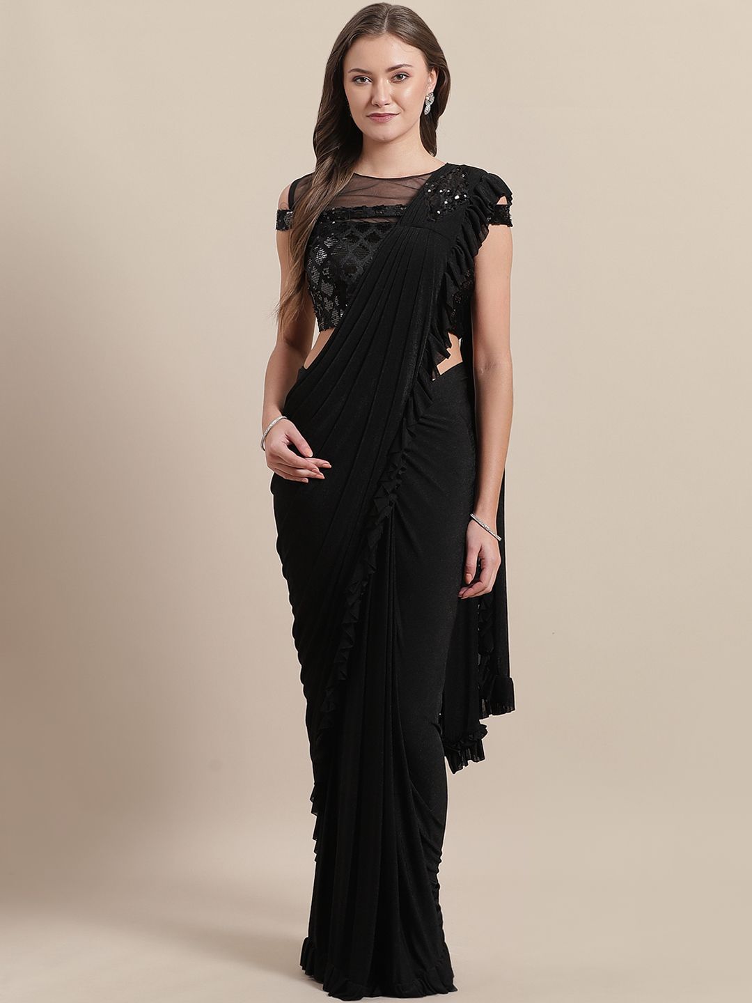 Mitera Black Solid Ready To Wear Ruffle Saree