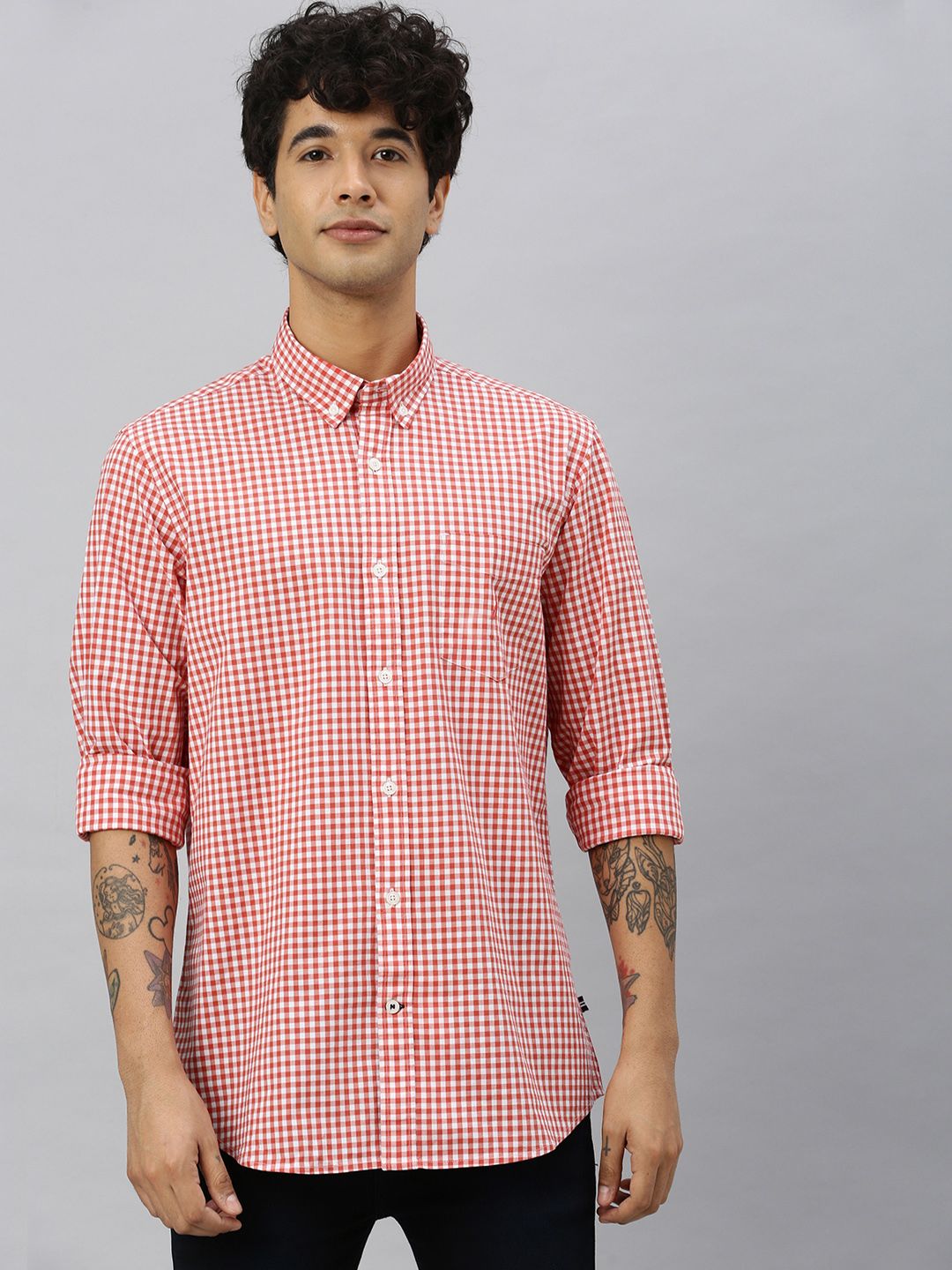Nautica Men Red & White Classic Fit Checked Casual Shirt