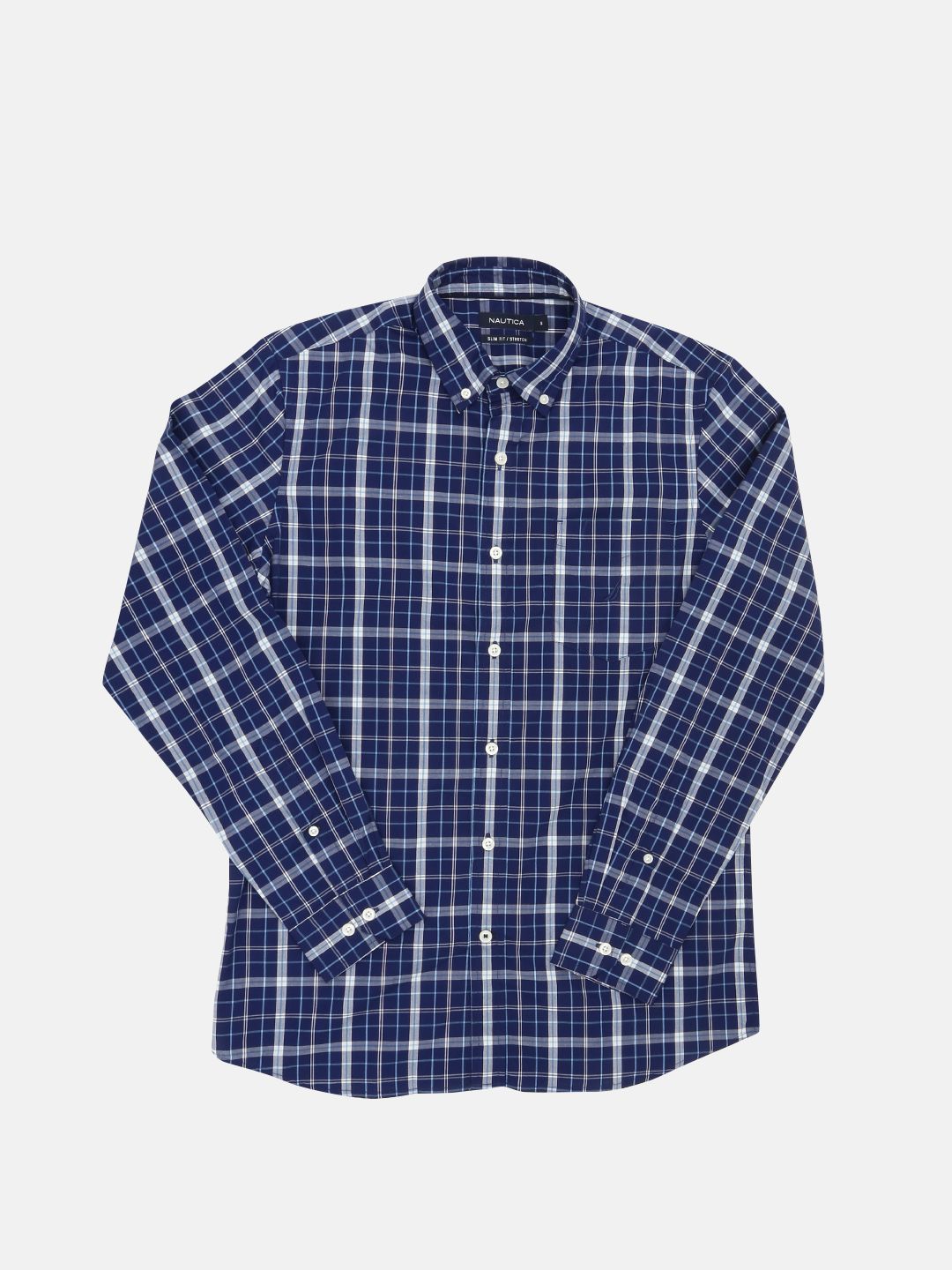 Nautica Men Blue & White Slim Fit Checked Casual Shirt