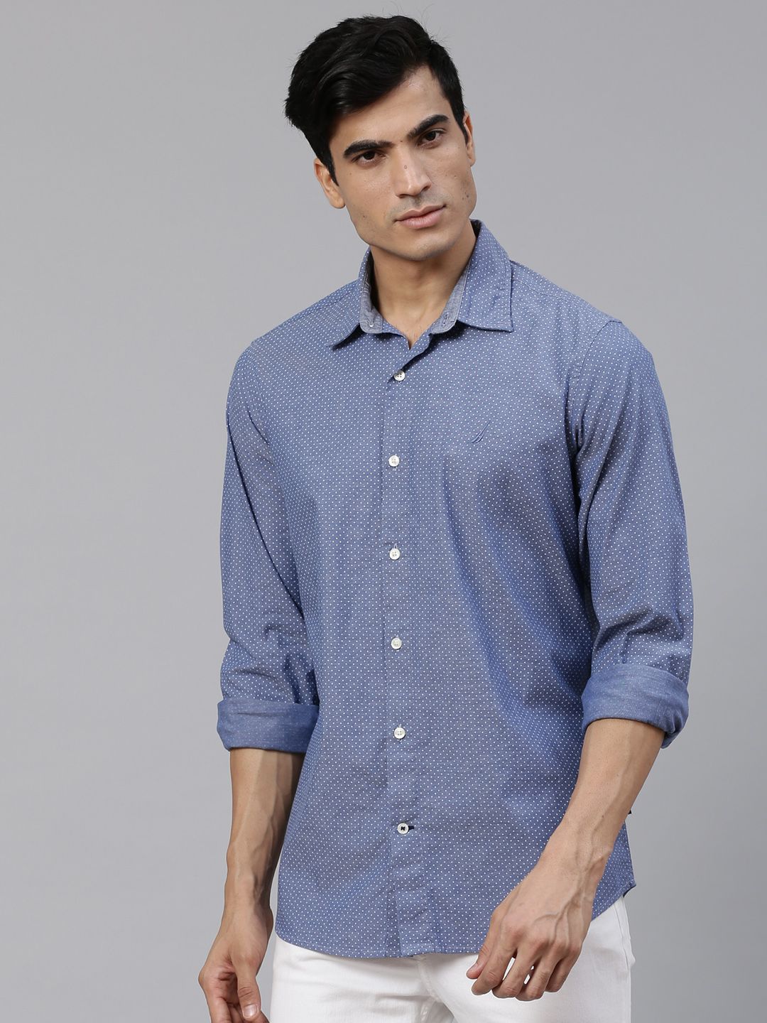 Nautica Men Blue & White Classic Fit Printed Casual Shirt