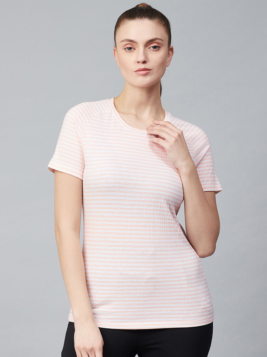 Alcis Women Peach-Coloured & White Striped Round Neck T-shirt Price in India