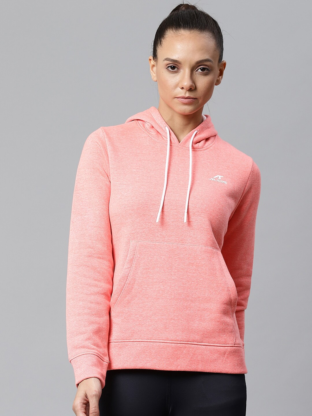 Alcis Women Coral Pink Solid Hooded Sweatshirt Price in India