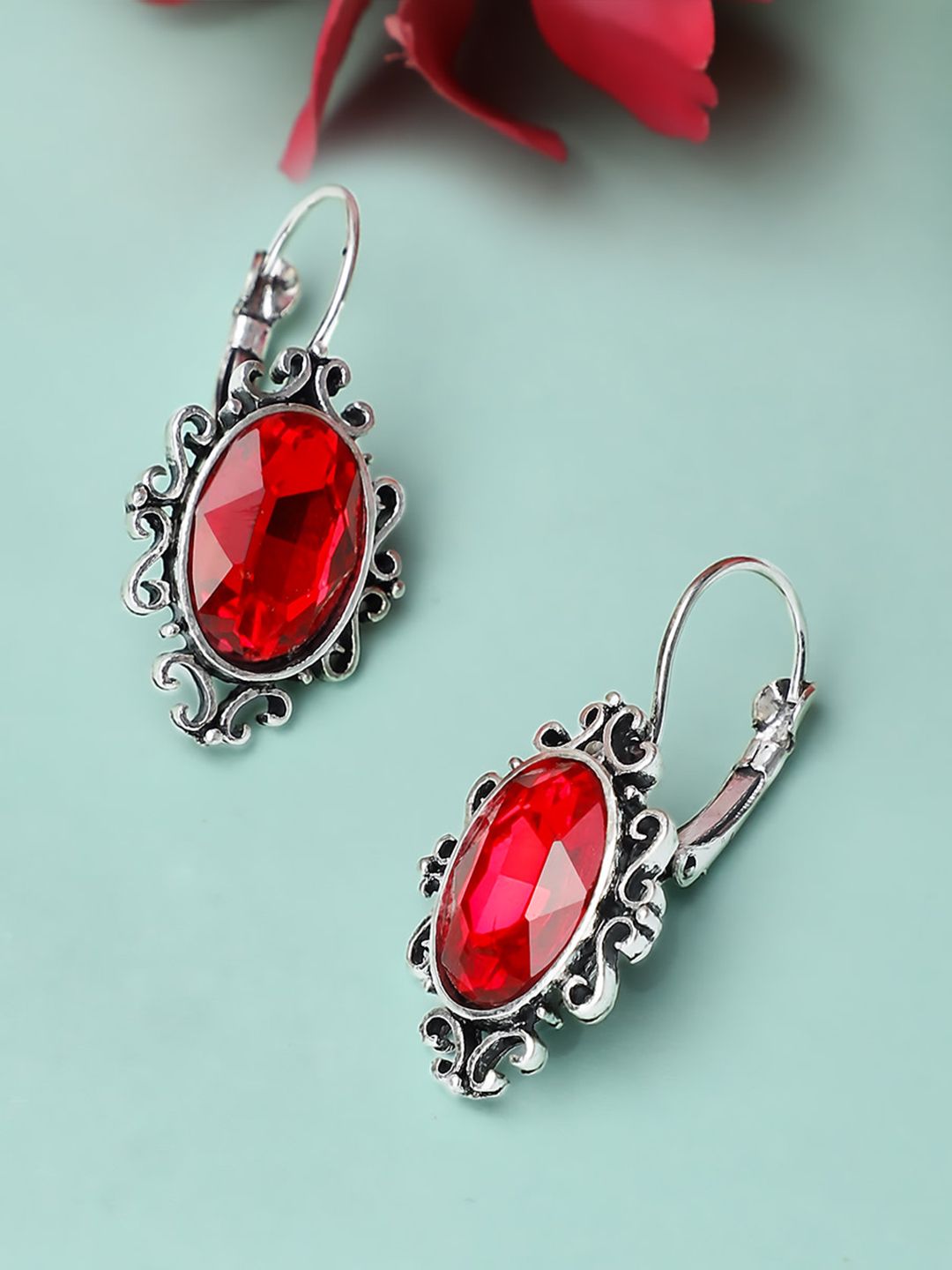 Rubans Silver-Toned & Red Oxidised Classic Drop Earrings Price in India
