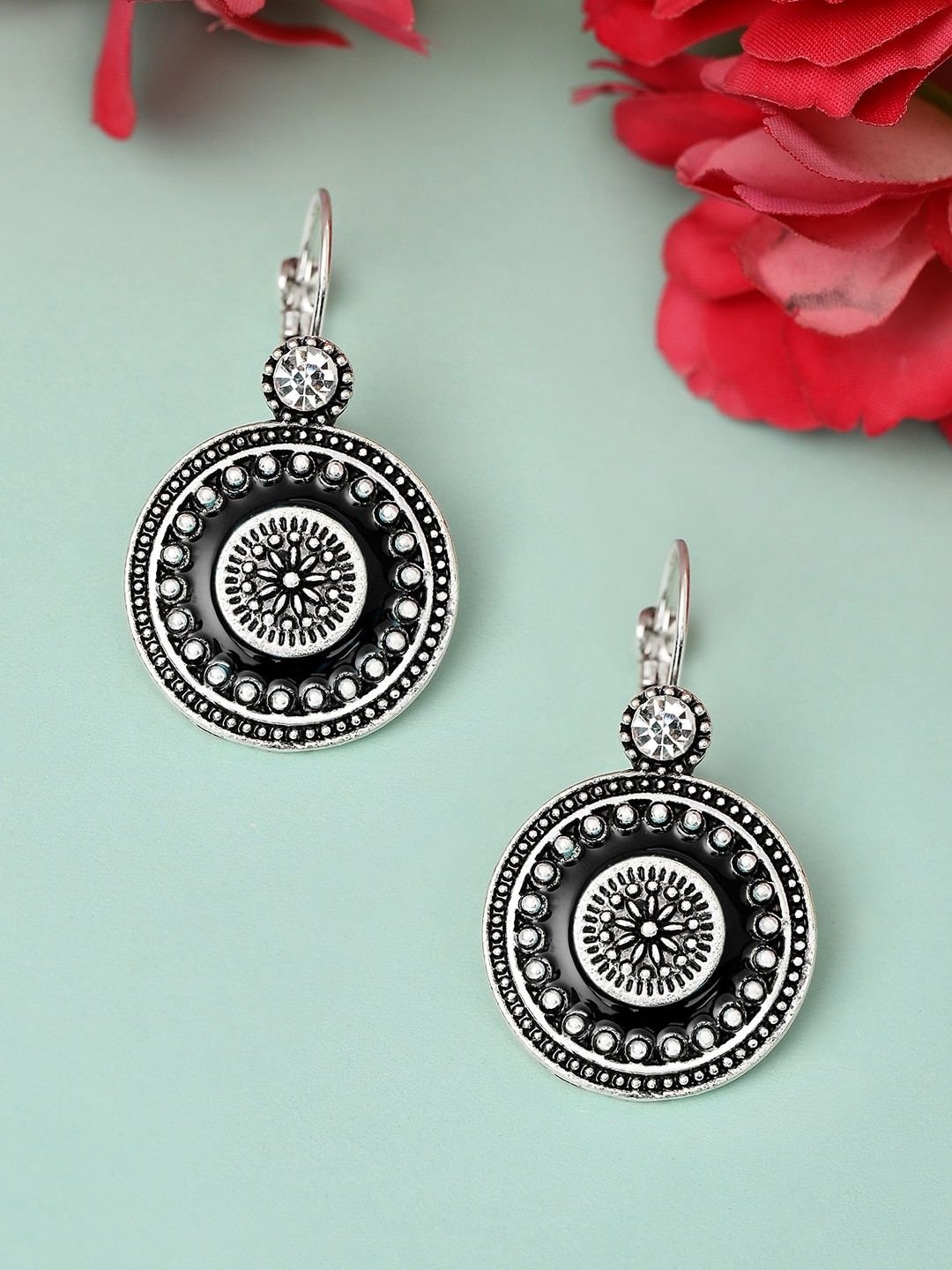 Rubans Silver-Toned & Black Circular Drop Earrings Price in India