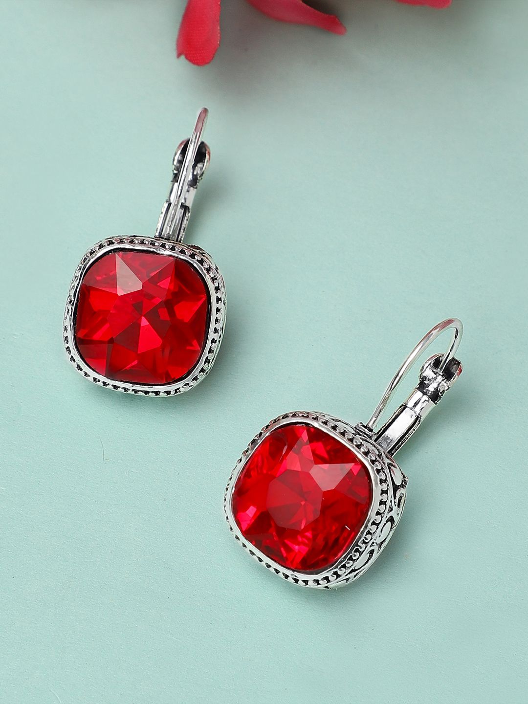 Rubans Silver-Toned & Red Square Drop Earrings Price in India