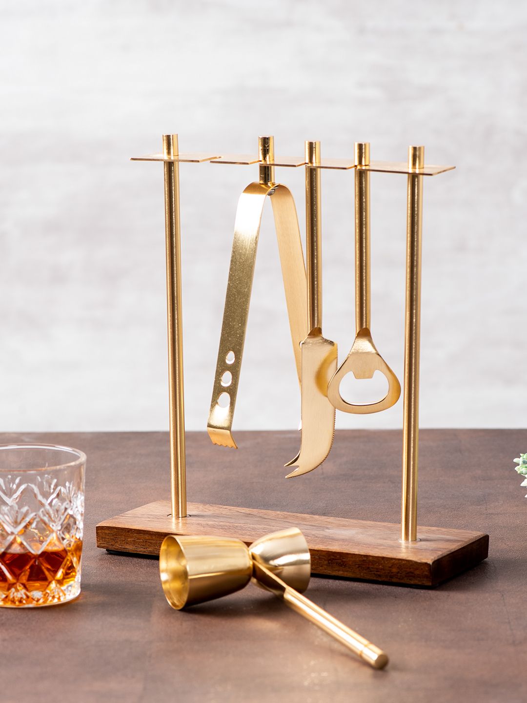 nestroots Brown & Gold-Toned Stainless Steel Bar Tool Set With Wooden Stand Price in India