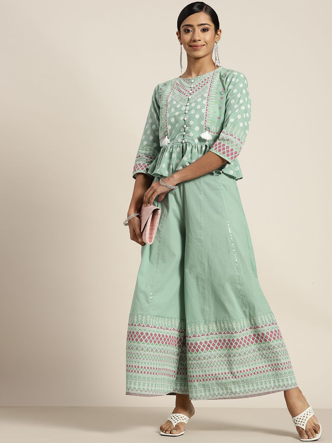 Juniper Women Green & White Printed Top with Palazzos Price in India