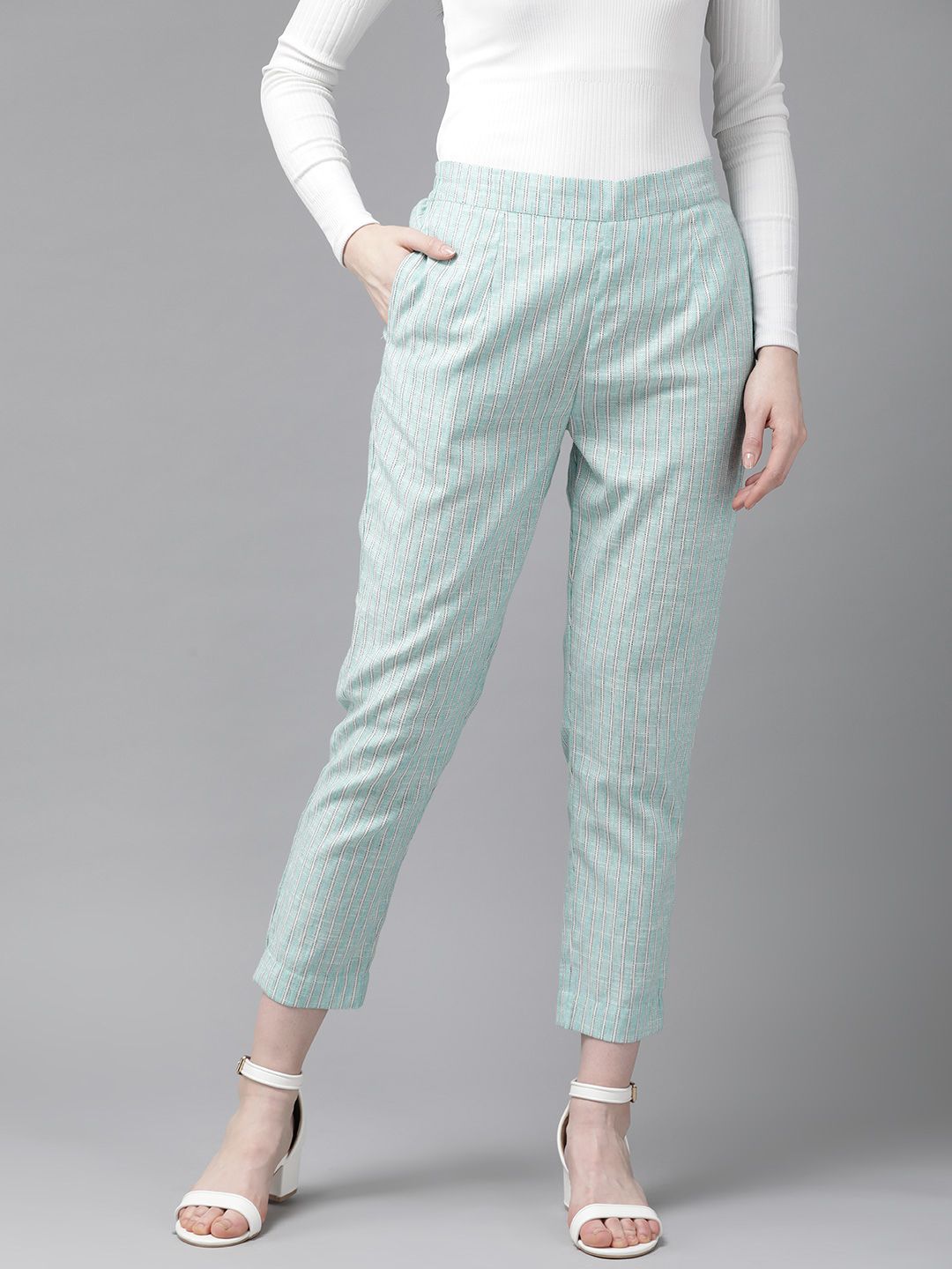 Juniper Women Blue & White Urban Slim Fit Striped Regular Cropped Trousers Price in India