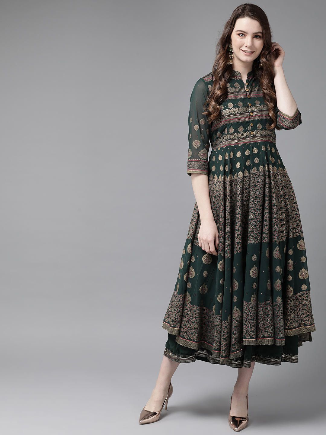 Juniper Women Green & Golden Layered Foil Print Maxi Dress Price in India