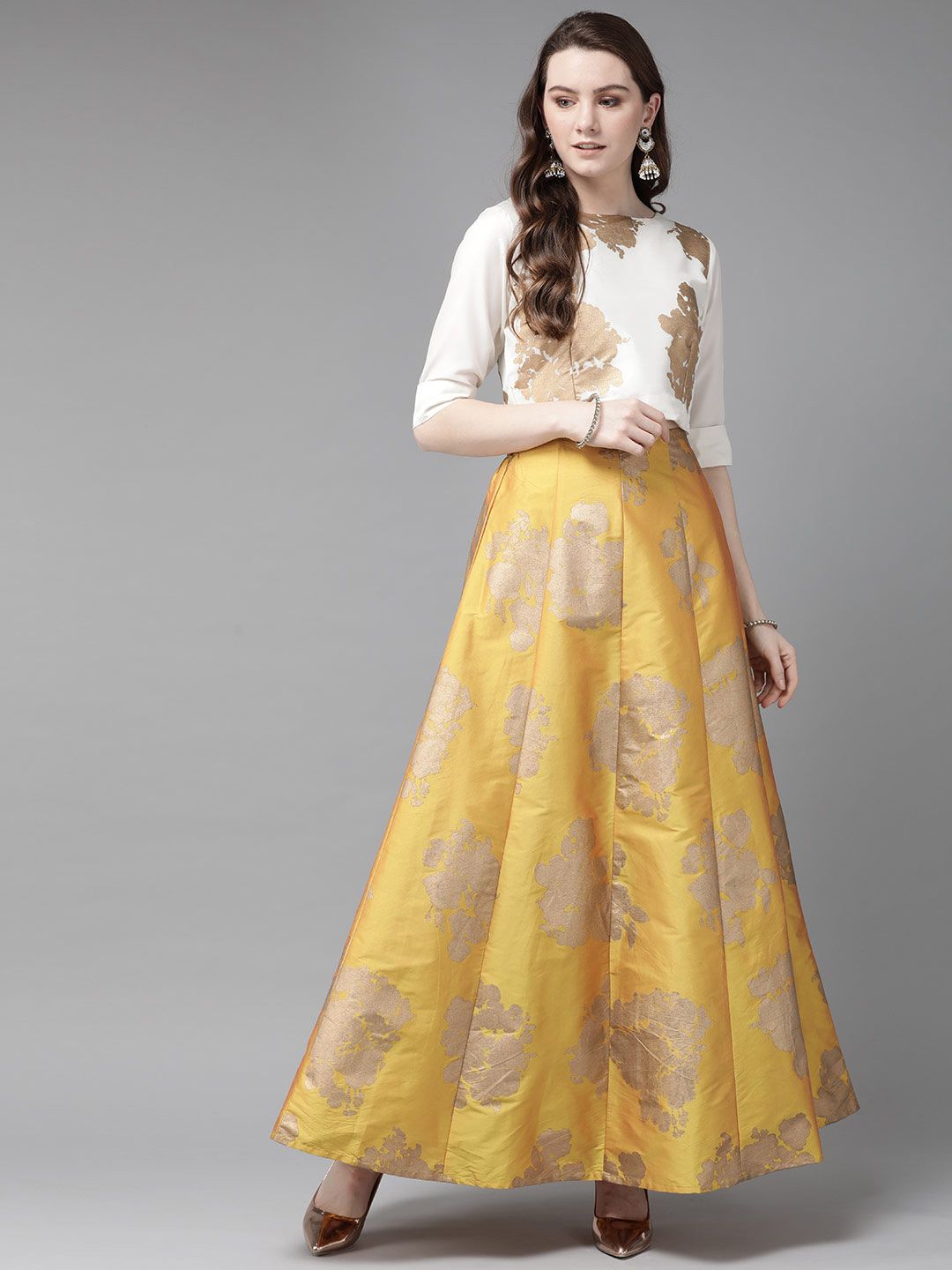 Juniper Women Mustard Yellow & Off-White Foil Printed Lehenga Choli