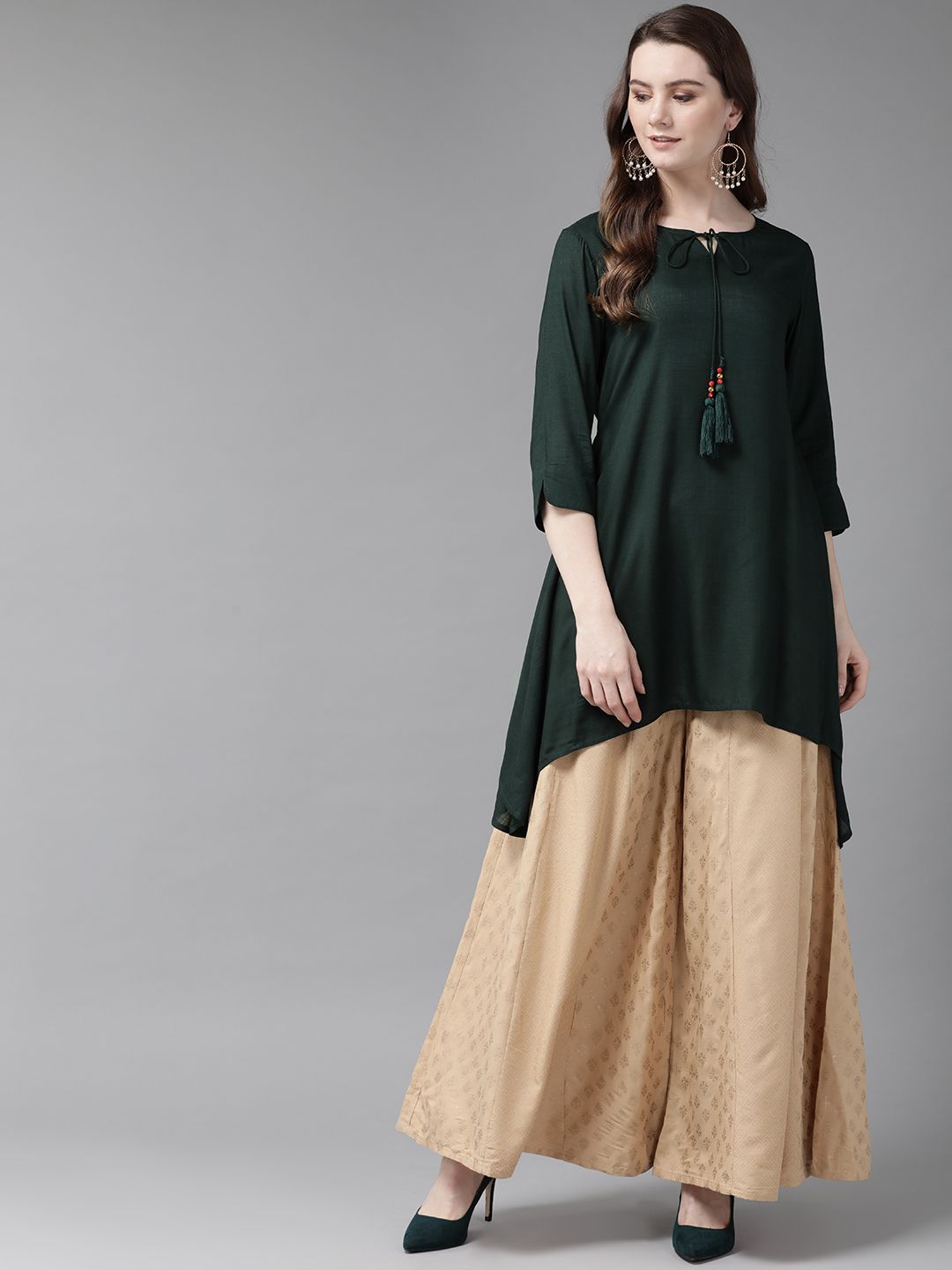 Juniper Women Green Rayon Slub Asymmetric A-Line Kurti Price in India