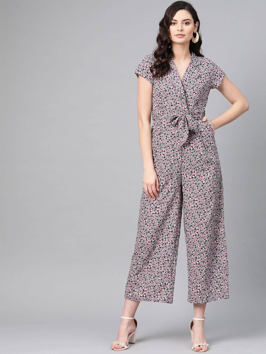 The Vanca Women Grey & Pink Printed Basic Jumpsuit Price in India