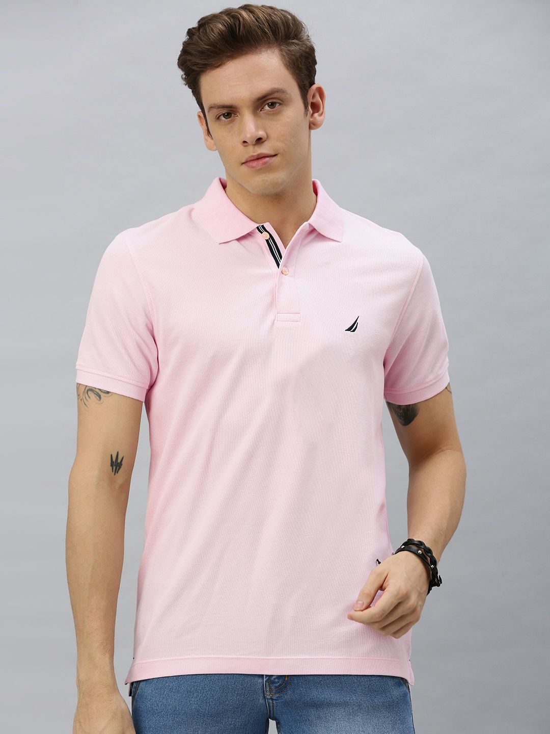 Nautica Men Pink Solid Polo Collar T-shirt