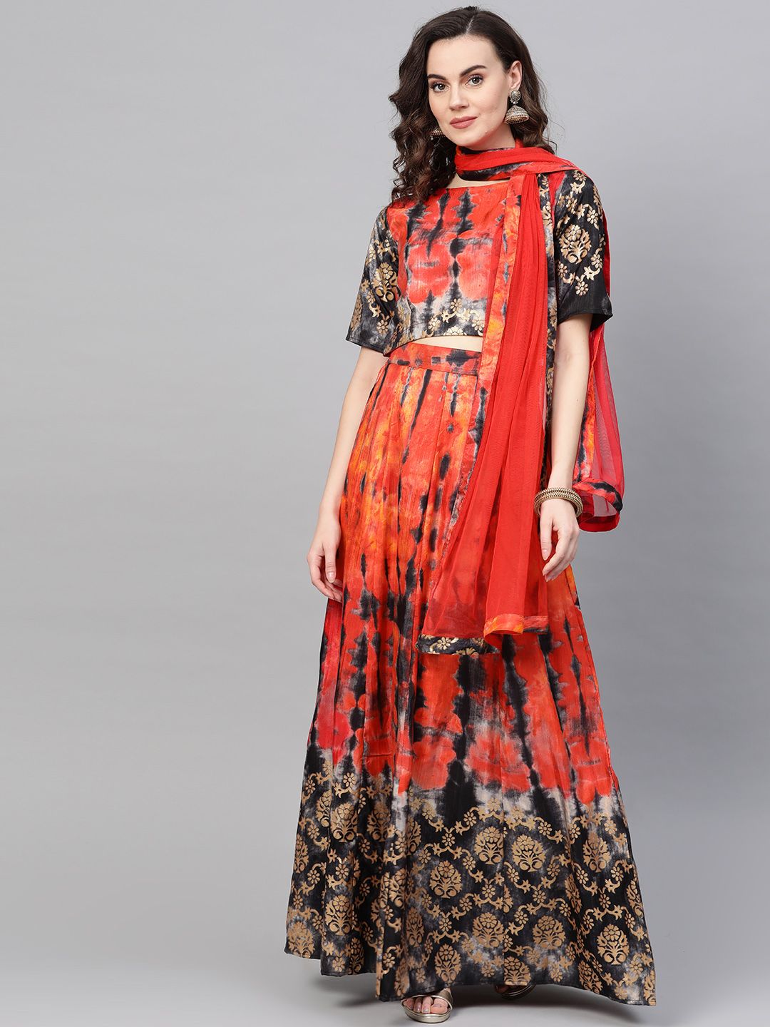 Cottinfab Women Red & Charcoal Grey Printed Lehenga Choli With Dupatta Price in India