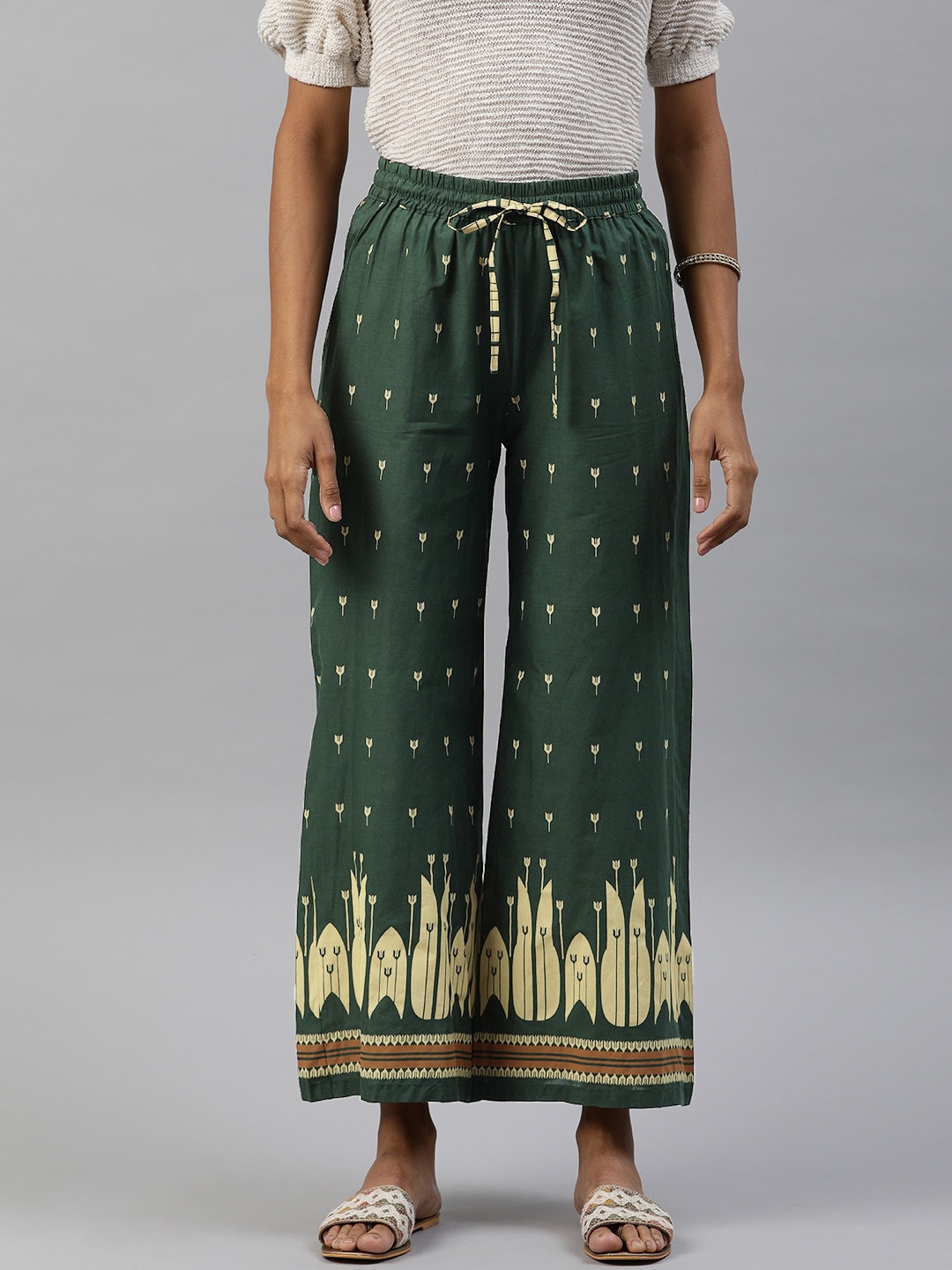 HERE&NOW Women Green & Beige Printed Wide Leg Palazzos Price in India