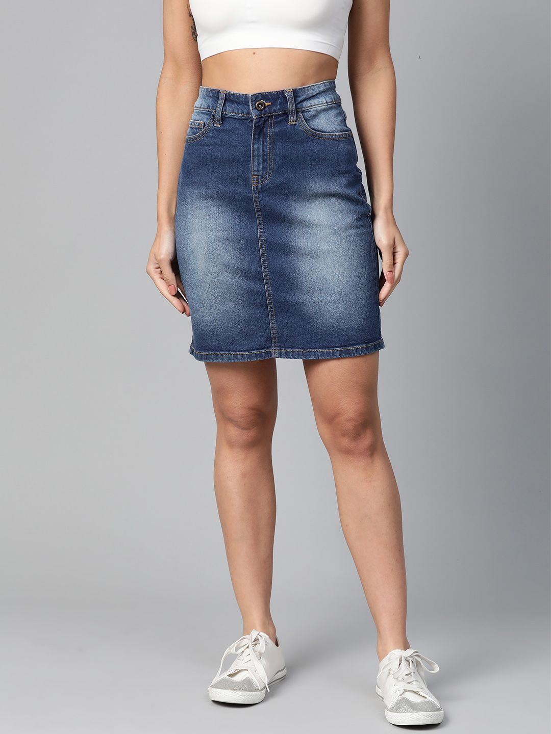 Roadster Women Navy Blue Denim Washed Straight Skirt