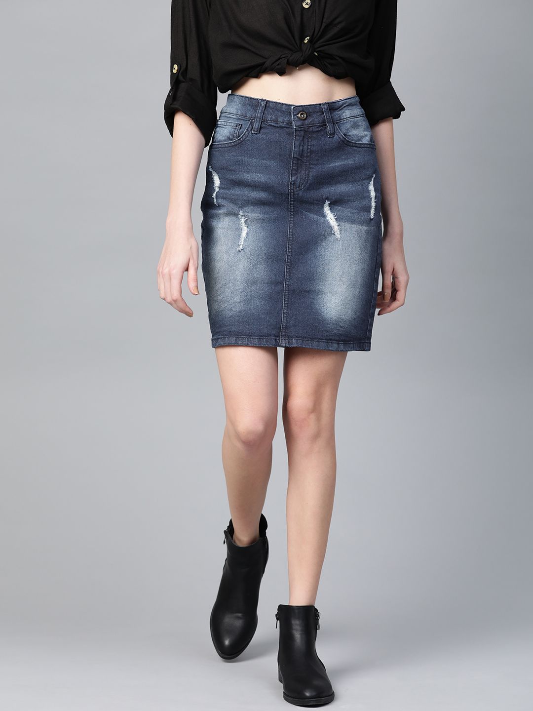 Roadster Women Navy Blue Washed Straight Denim Skirt