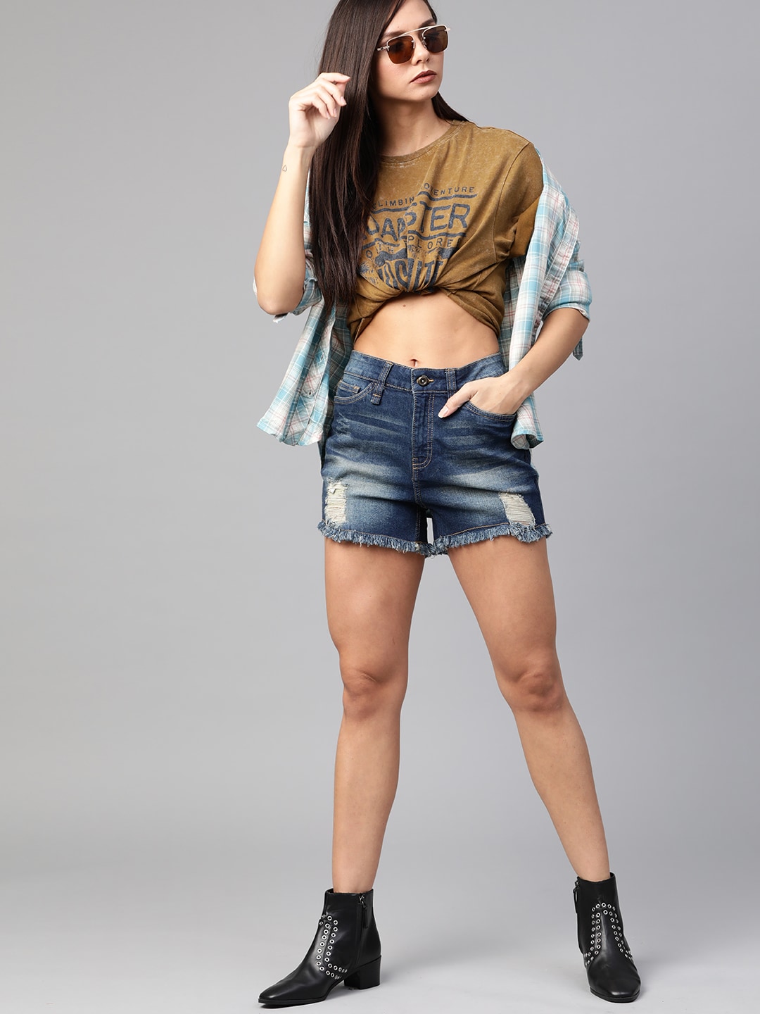 Roadster Women Navy Blue Washed Regular Fit Distressed Denim Shorts Price in India