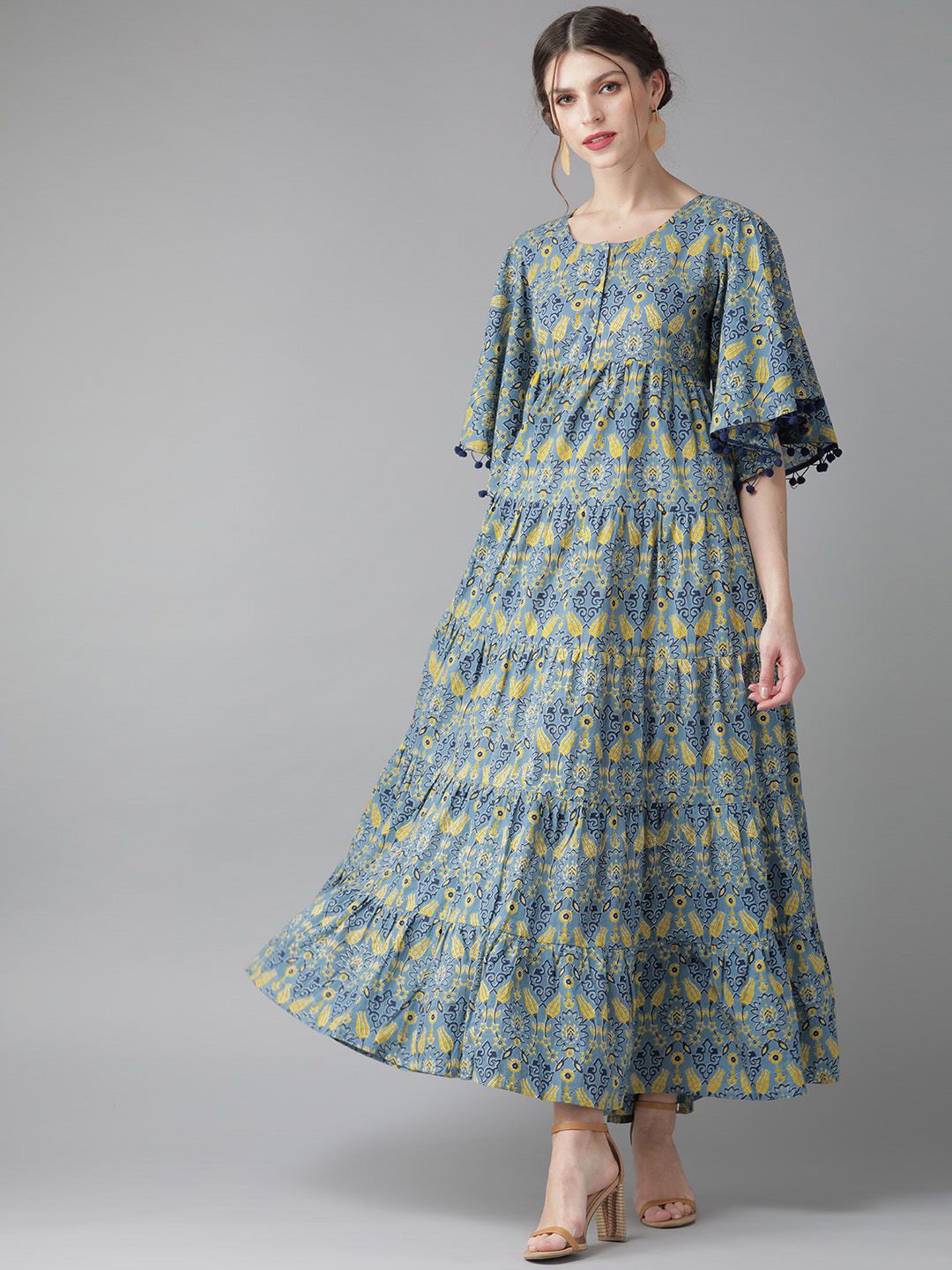 AKS Women Blue & Yellow Printed Tiered Maxi Dress