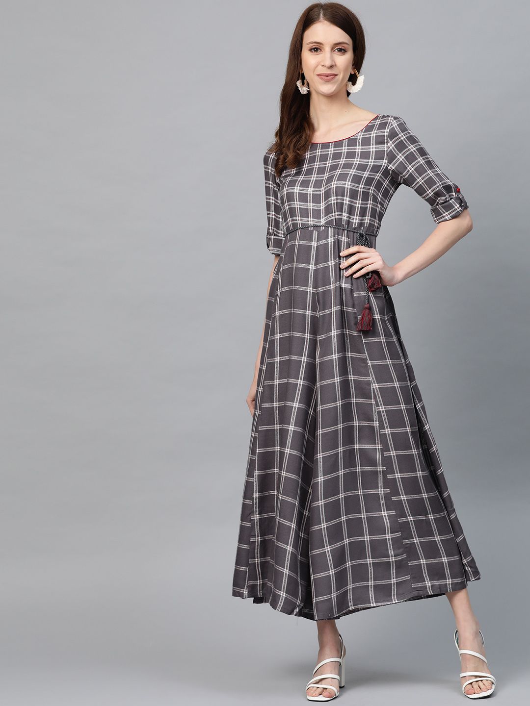 AURELIA Women Charcoal Grey & White Checked Basic Jumpsuit Price in India