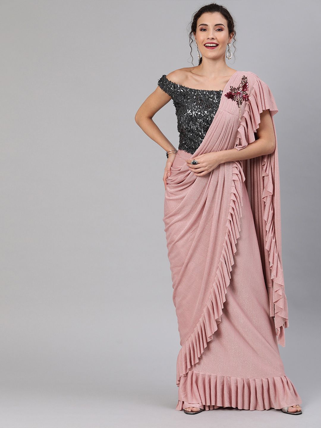 Chhabra 555 Peach-Coloured & Grey Poly Georgette Embellished Saree