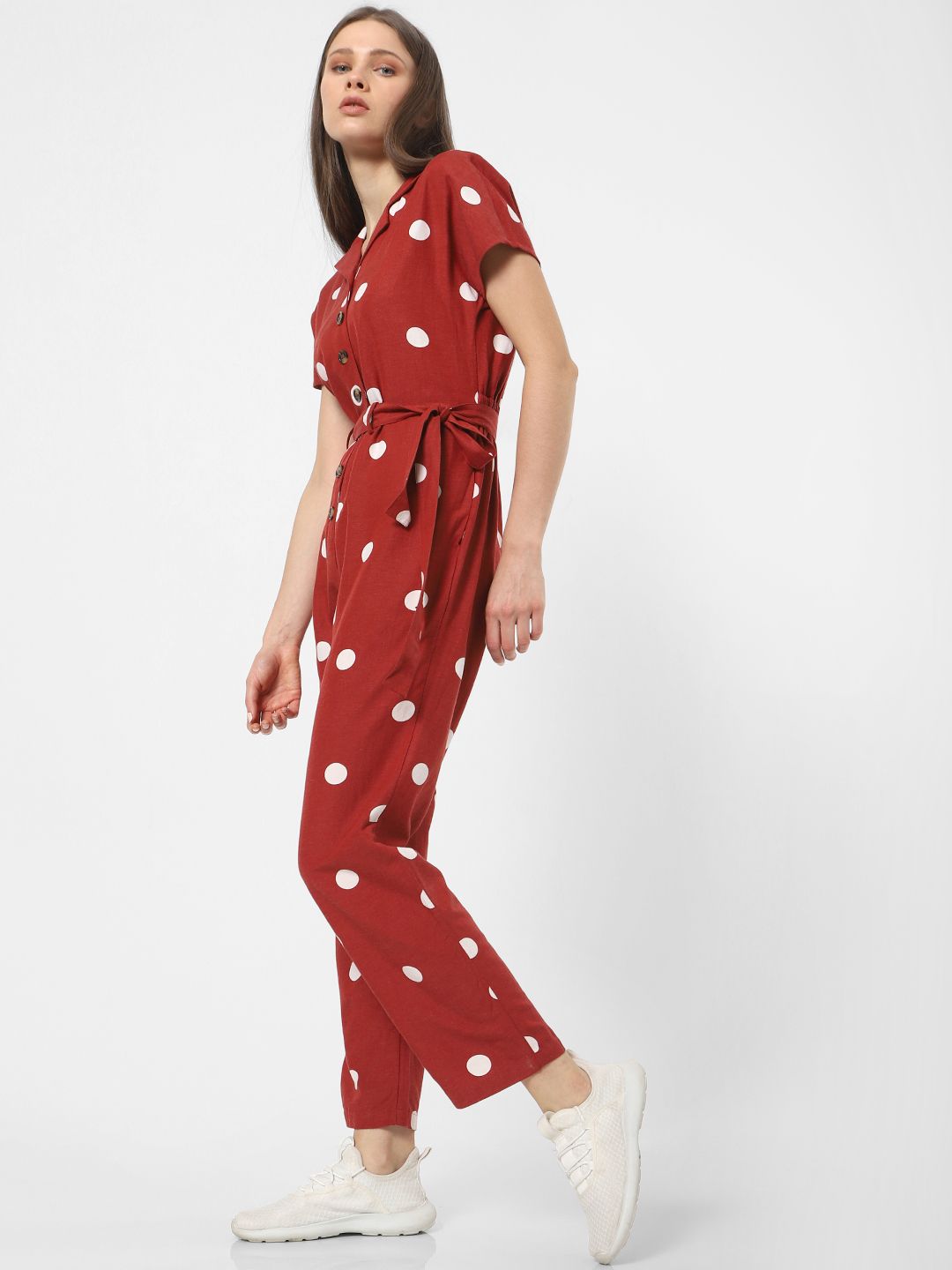 ONLY Women Red & White Printed Gathered Basic Jumpsuit Price in India