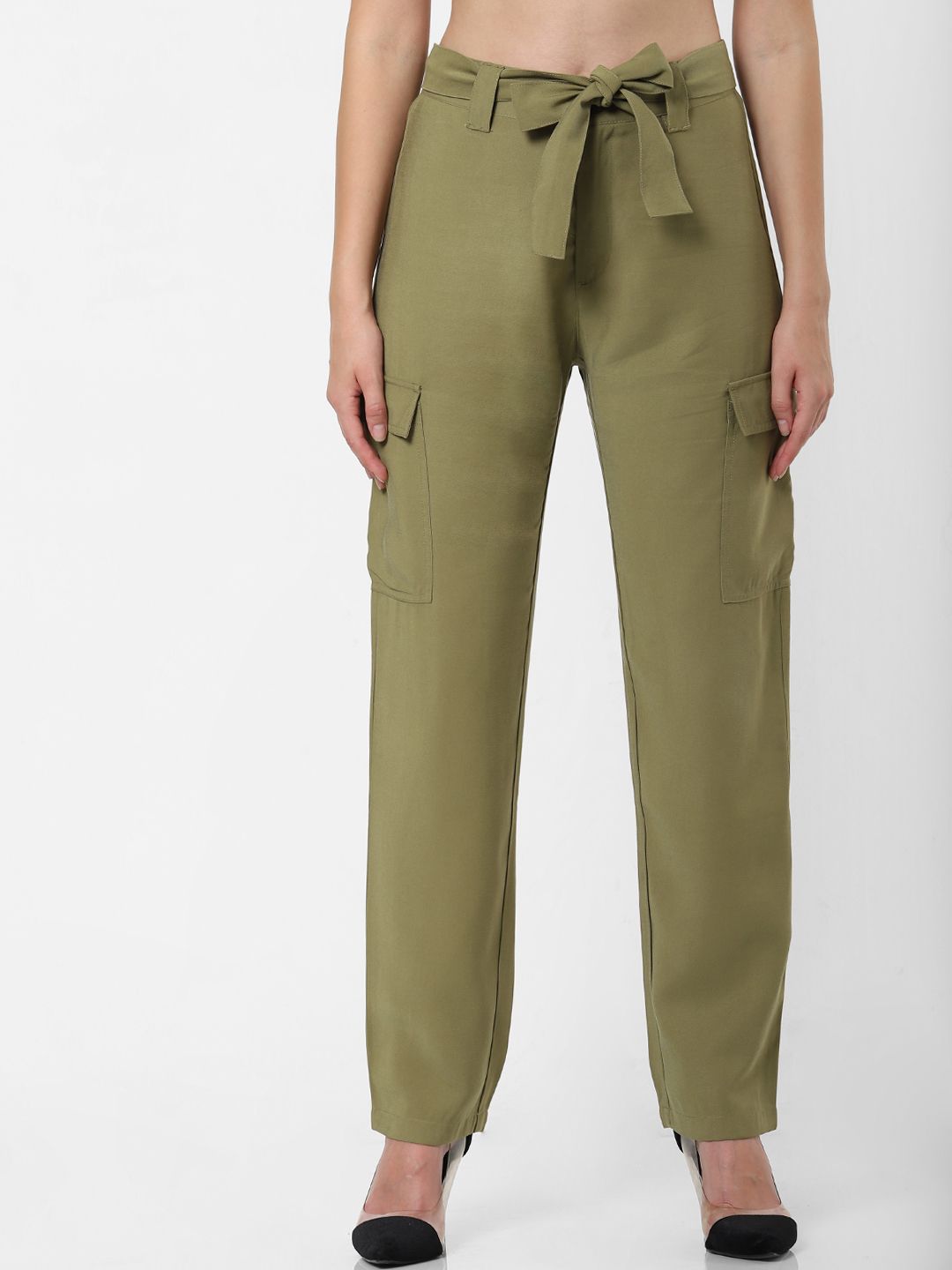 ONLY Women Olive Green Relaxed Fit Solid Regular Trousers Price in India