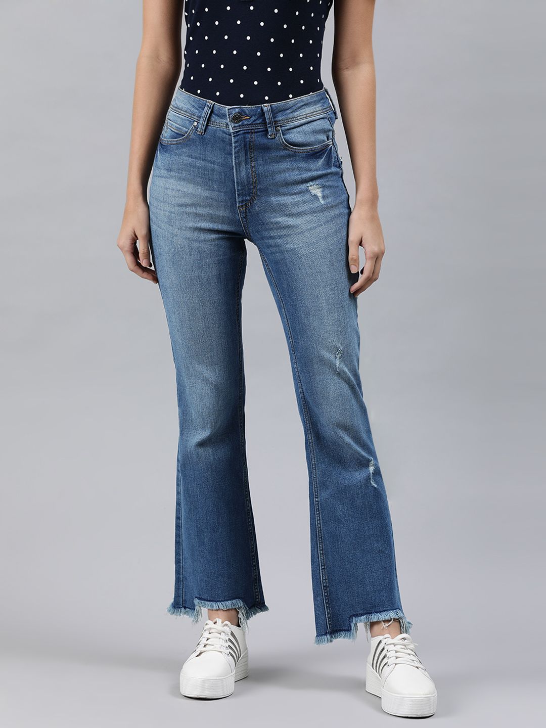 ONLY Women Blue Flared High-Rise Mildly Distressed Jeans Price in India